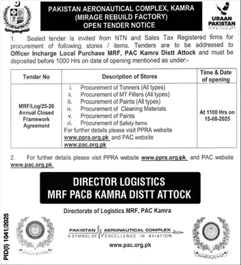 Pakistan Aeronautical Complex Kamra Tender Notice